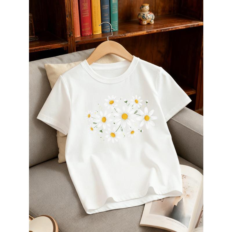 European sizes Daisy Minimalist Style Popular Quirky Round Neck Design Girls' Round Neck T-Shirt with Creative Print