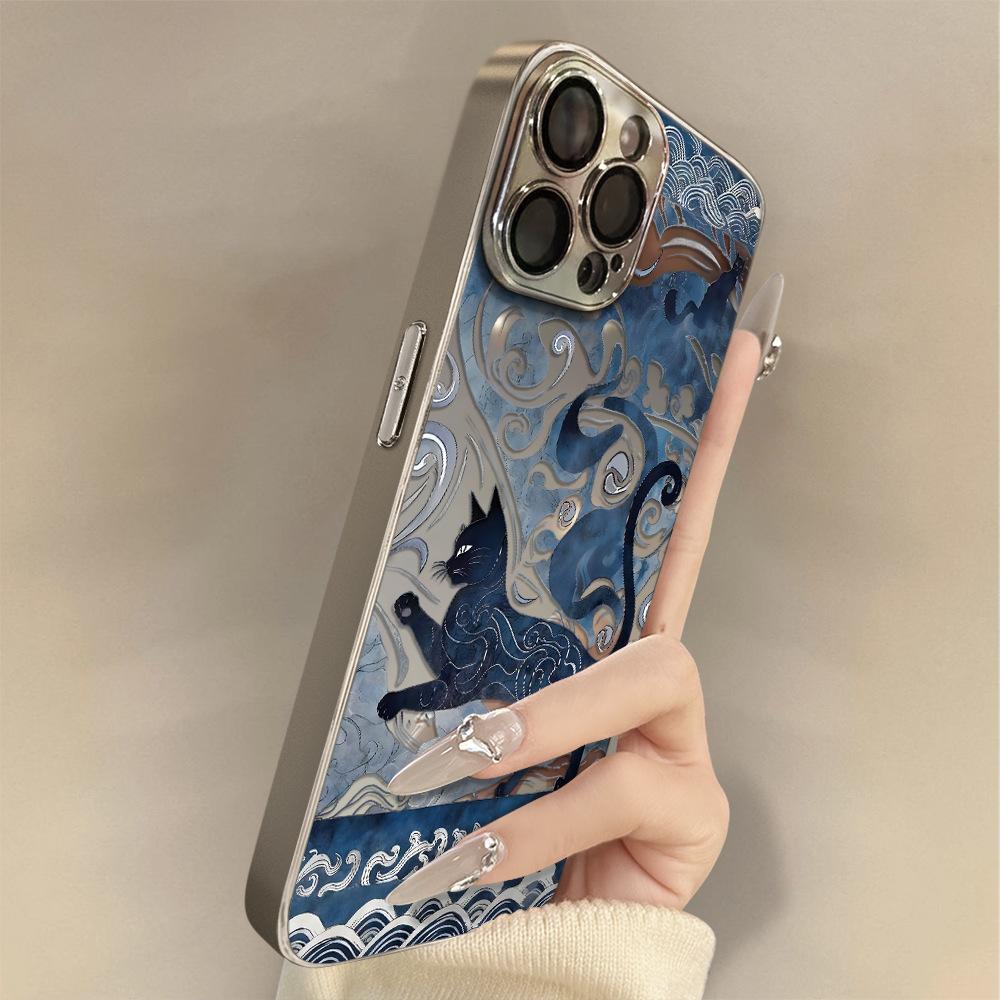 Dark Blue Cat Is Suitable for Apple 17promax16 New 15 Mobile Phone Case iPhone13 Mirror Apple 17 Mirror