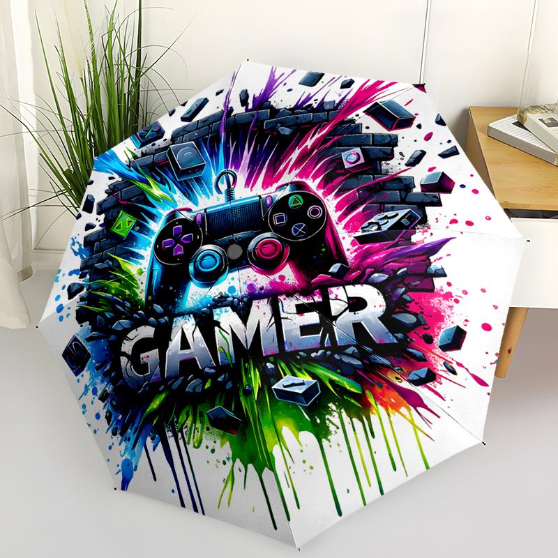 Game Console Theme Folding Umbrella-Fashionable Auto-Open Design 8 Iron Ribs Plastic Handle Foldable Sunshade,Perfect Gifts