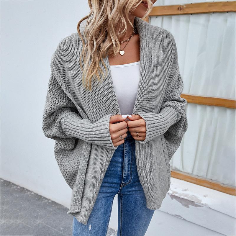 Autumn Winter Vintage Loose Long Sleeve Top Solid Color Cardigan Knitwear V-Neck Sweater