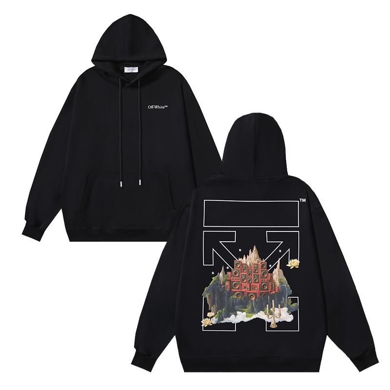 

1297 Off-White 2025 Autumn and Winter New Audio Speaker Arrow Printed Hooded Sweatshirt for Men and Women S чорний