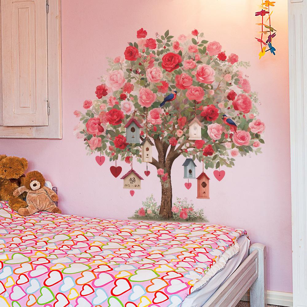 Les Fleurs Roses sur Le Grand Arbre et Les Stickers Muraux Décoratifs pour Le Salon et La Chambre de La Maison d'Oiseau
