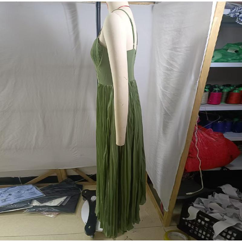 Damen Sexy Trägerloses Ausgeschnittenes A-Linien Langes Kleid Lässig Ärmellos Rückenfrei Reißverschluss Trägerkleid Neu Frühling Sommer Einfarbig Plissierte Kleider