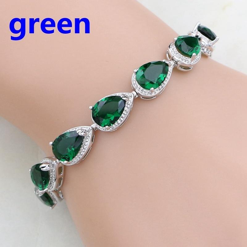 Water Drop Red Garnet CZ 925 Silver Jewelry Length 21cm Link Chain Bracelet for Women Free Gift Box