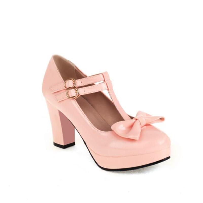 Women Mary Jane Shoes Lolita High Heels Bow T-Strap Platform Pumps Thick Heels Shoes Princess Wedding Party Shoes Plus Size33-46