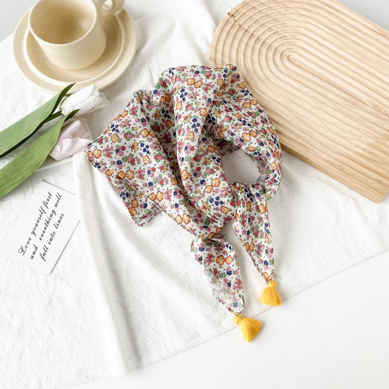 Small Fresh And Sweet Silk Scarf Square Scarf High-End Cute Style With Cotton And Linen Small Square Scarf Women'S Scarf Fringed Pendant