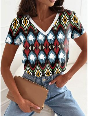 Ethnic Women's T-Shirt Vintage Graphics Fashion Short Sleeved V-Neck Regular Tops Daily Print Tee Summer Casual Tops