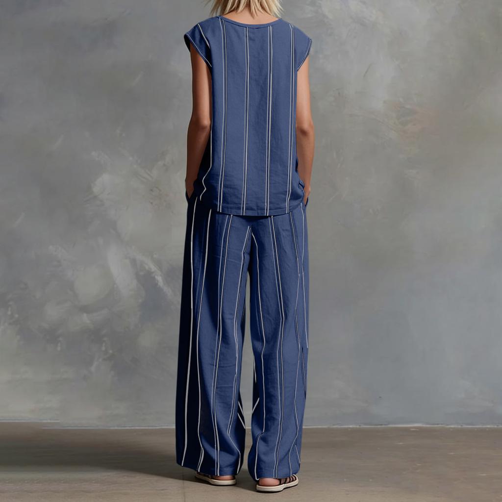 Ladies' Fashionable Casual V-neck Striped Top And Casual Pants Two-piece Set