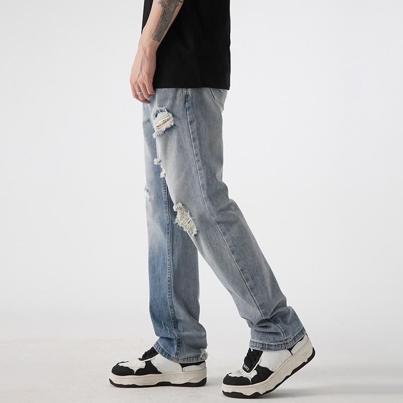 Ripped straight jeans men's American washed trendy high street retro loose wide leg trousers boys