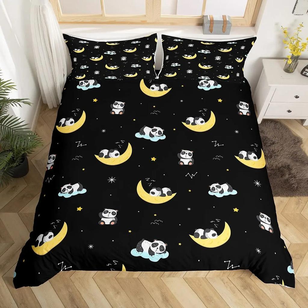 Panda Duvet Cover Set King Size Black And White Animal Comforter Cover With Pillowcases Starry Sky Blue Ultra Soft Quilt Cover