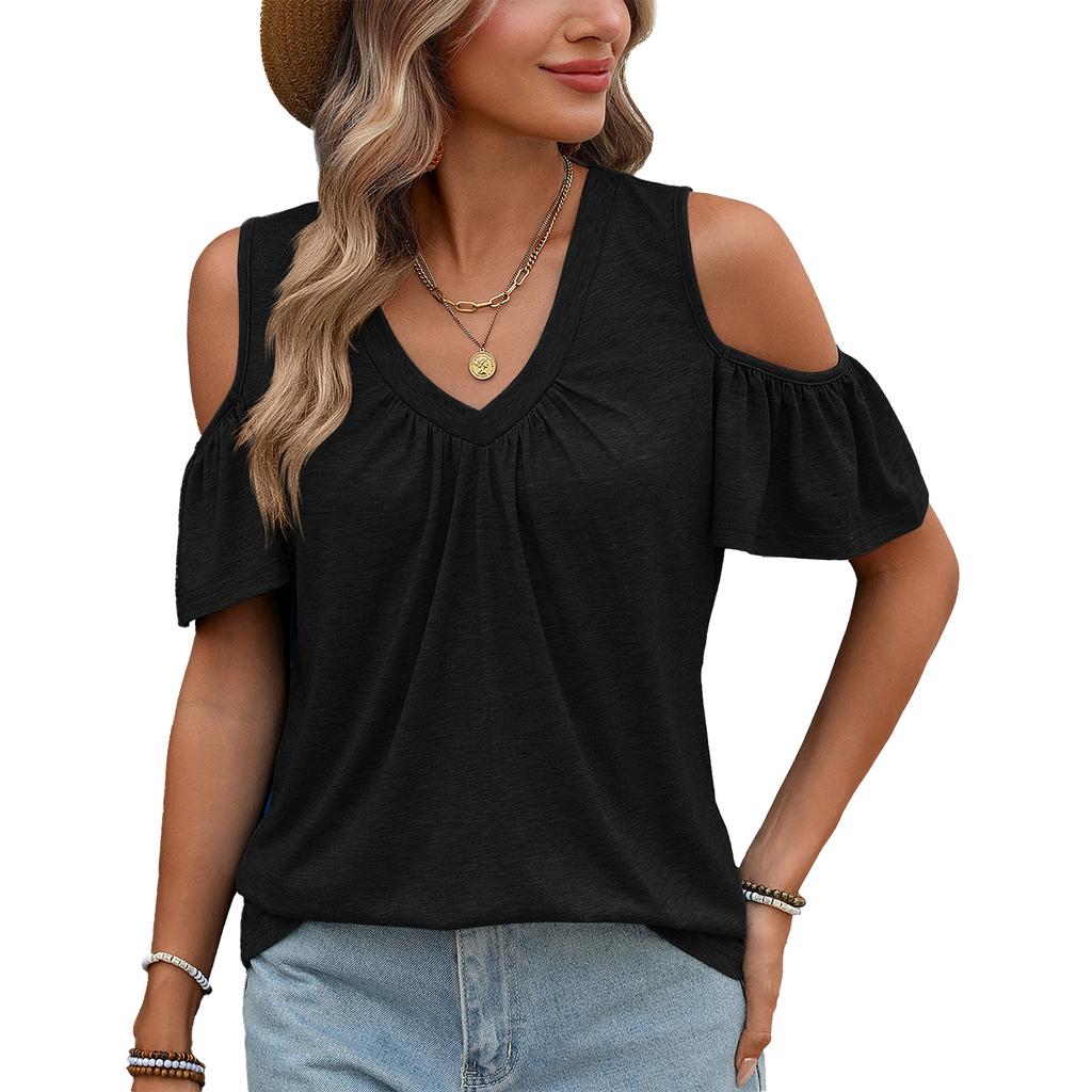Women's Fashion V-neck Off Shoulder Pleated Loose Short Sleeved Pullover T-shirt Top
