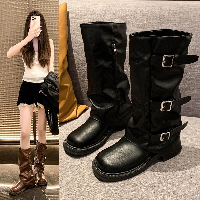 Retro western cowboy boots women's 2025 autumn and winter new Internet celebrity belt buckle trouser tube side zipper black knight boots