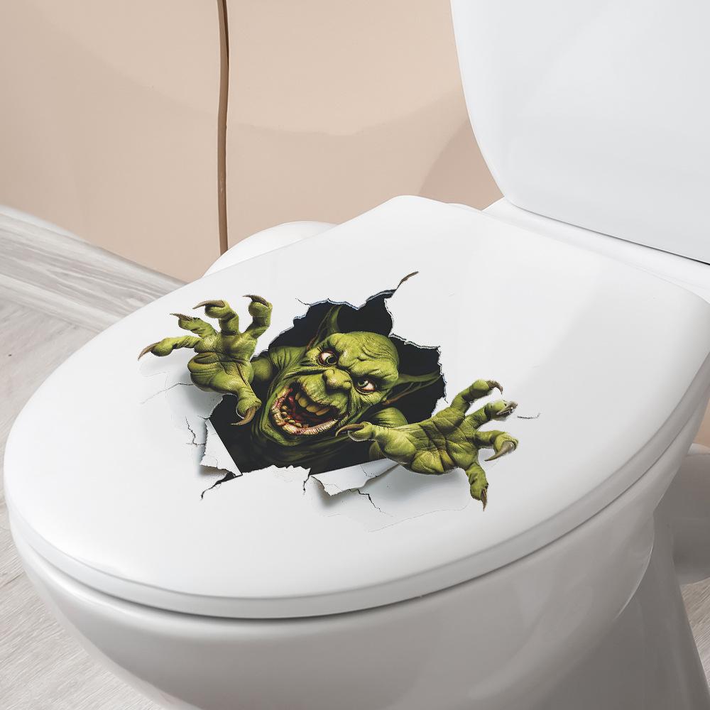 Funny Green Monster Toilet Seat Sticker Bathroom Decor Playful Removable Waterproof Decal