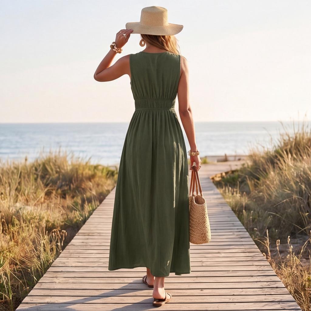Abito Lungo Estivo da Donna Senza Maniche Scollo a V Vita Stretta Spiaggia Vacanza Casual Svasato Linea ad A Abito Lungo Maxi