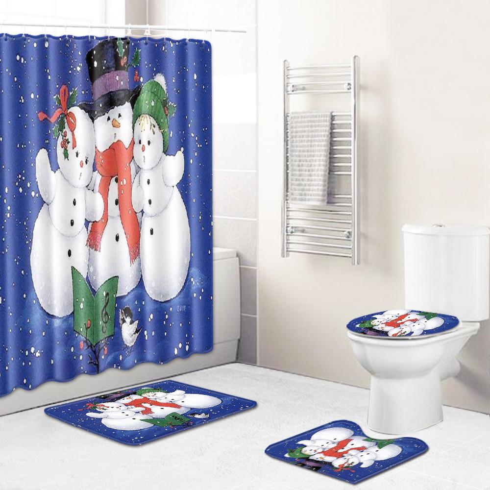 Christmas Shower Curtain Floor Mat Combination Four-Piece Set Bathroom Toilet Carpet Shower Room Mat Foot Mat