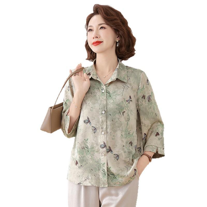 2026 Chic Printed Shirt for Moms: Loose, Nine-Point Sleeve, Spring/Autumn Fashion for Middle-Aged and Elderly Women
