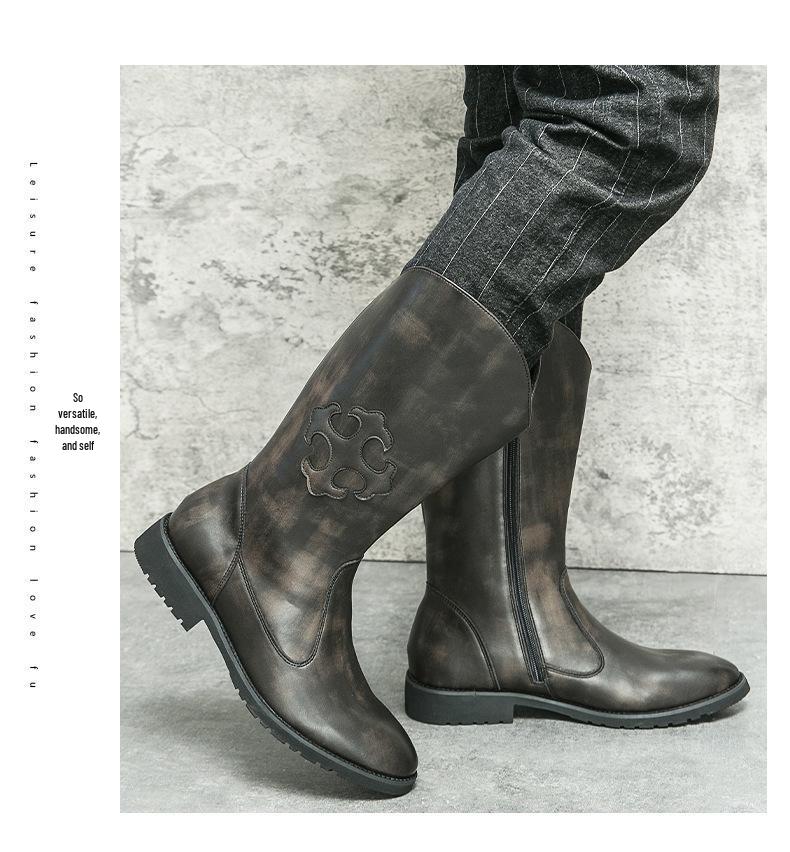 Bottes Western Cowboy en Cuir Mi-Mollet Style Européen & Américain pour Homme avec Fermeture Éclair