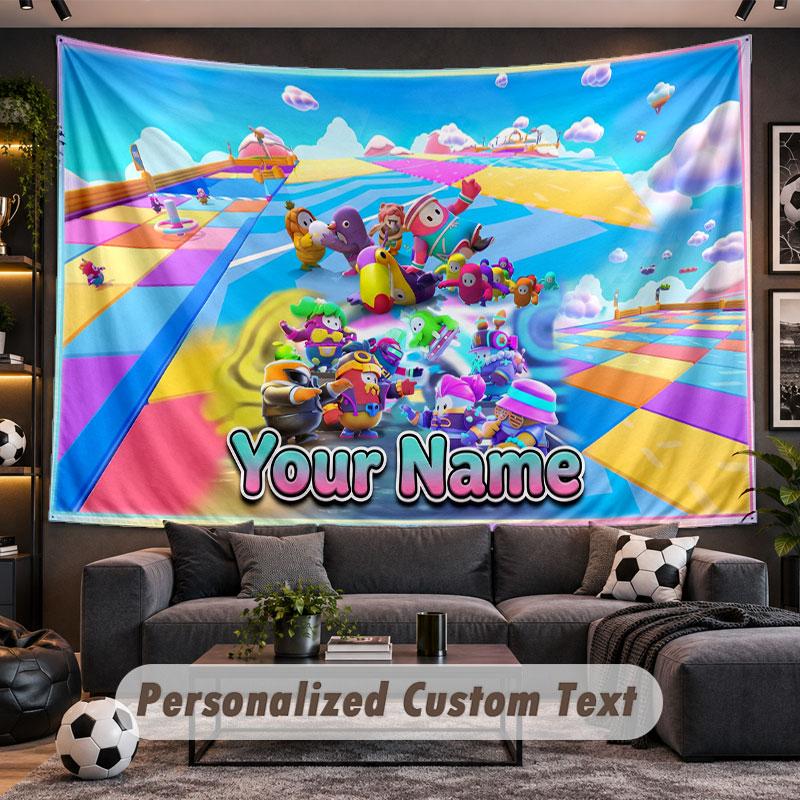 Wall Hanging Tapestry Custom NameFall Guys Pattern Personalized Printed Fabric Wall Decor