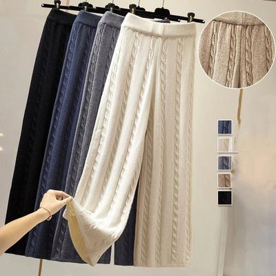 Calça Tricotada de Inverno de Perna Larga Feminina Solta Tricotada Reta Casual Cropped
