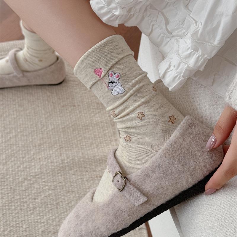 Cute Cartoon Embroidered Socks with Unique Flanges, Trendy Female Dachshund, Pure Cotton Butterfly Mid-calf Pile Socks