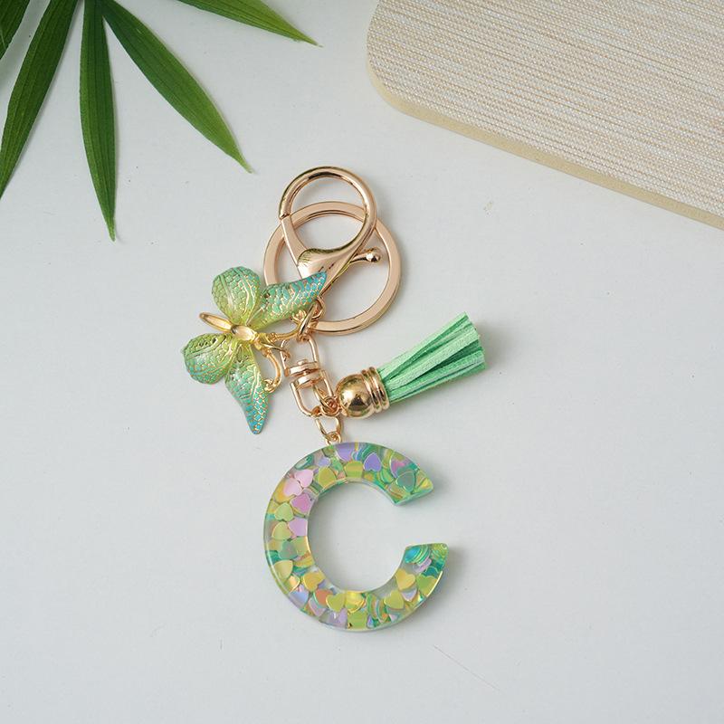 A-Z Initial Letter Keychain Green Butterfly Tassel Letter Charm Bag Pendant Couple Key Holder Pendant For Friend Gifts