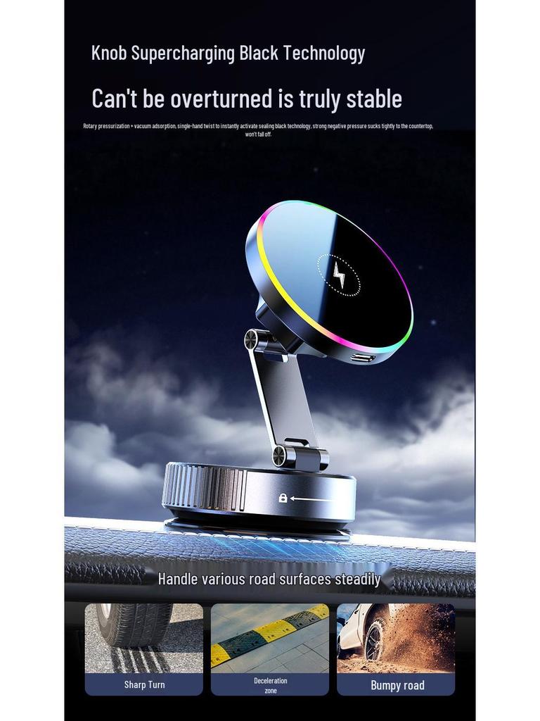 Magnetic Car Phone Holder with 15W Fast Wireless Charging & Rotating Atmosphere Light