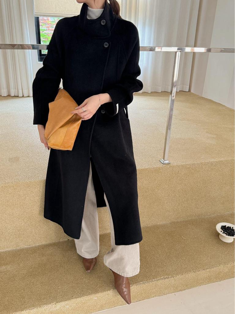 Hepburn-Style Stand-Up Collar Double-Faced Wool Coat for Women - Extra-Long, High-End, Tie-Up Design for Autumn and Winter 2025