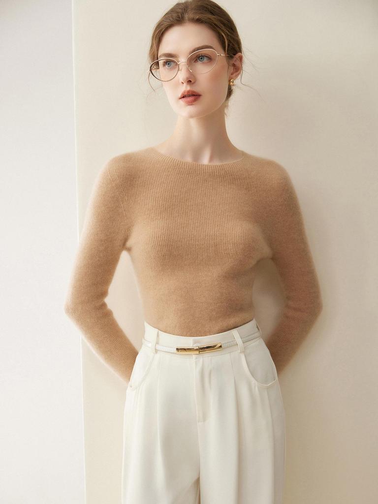 2026 Autumn/Winter Women's 100% Pure Cashmere Slim Fit Round Neck Long Sleeve Sweater