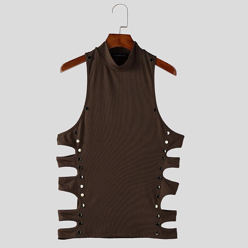 INCERUN Męskie letnie topy bez rękawów z okrągłym dekoltem i ozdobnymi guzikami, z wycięciami i ściągaczem