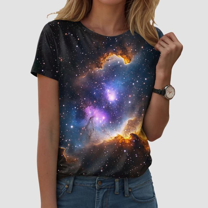 Women's Galaxy Star Print T-Shirt Round Neck Short Sleeve Casual Loose Top