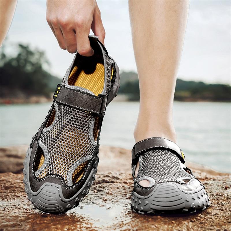 Sandale de vară respirabile pentru bărbați, sandale romane la modă, pantofi casual din plasă făcuți manual cu platformă, sandale de plajă de exterior pentru bărbați