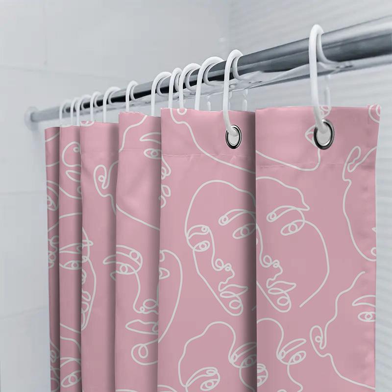 Rosa Duschvorhang mit weißen Strichzeichnungen von Gesichtern Dekorative Badewannenabdeckung für Badezimmerzubehör Einzigartiges modernes künstlerisches Design