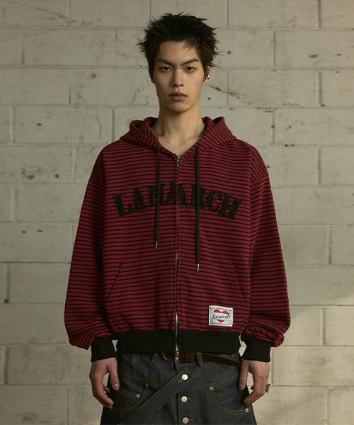 Lanarchive [0116] Logo Applique Stripe Zip-Up Hoodie - Red