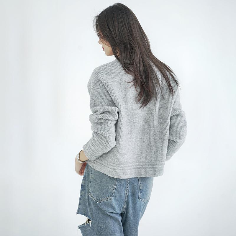 Women's Fluffy Grey Sweetheart Neck Sweater Jacket - Loose Fit Autumn/Winter Outerwear