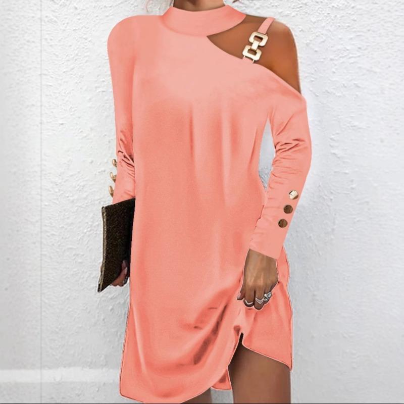 Wish autumn simple metal buckle neck button dress women's clothing