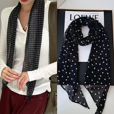 Sweet Retro Wavelet Dot Chiffon Scarf Girl's Lightweight Decorative Long Scarf Fashionable and Versatile Scarf and Ribbon