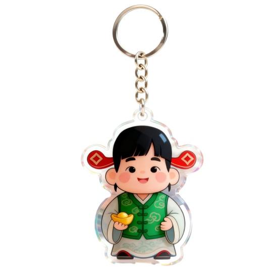 Keychain Pendant God of Wealth Charm Acrylic Double-Sided Clear National Keychain Lucky Yuanbao Decoration