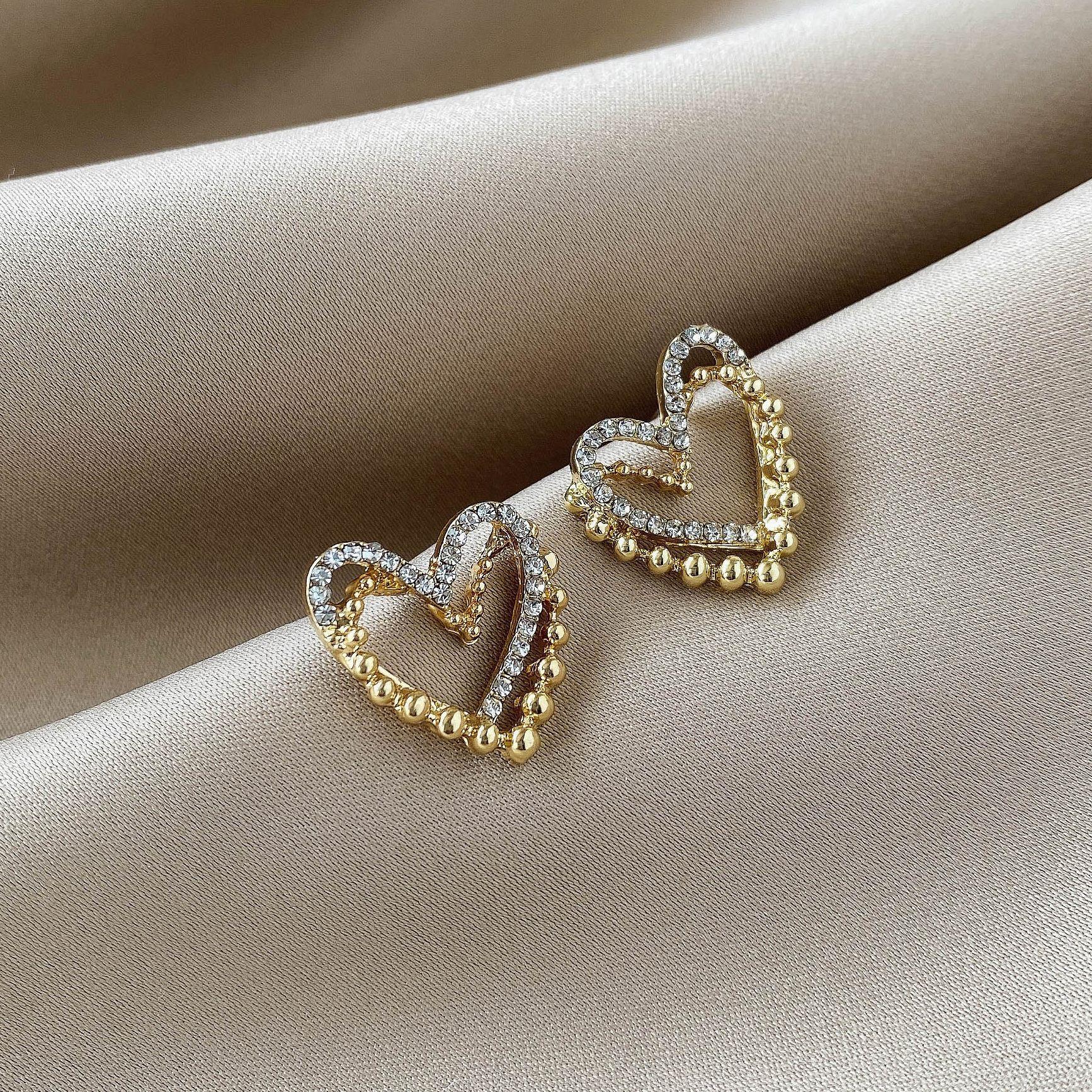 Double-Layer Simple Love Diamond Stud Earrings Trendy Small Temperament Earrings Earrings