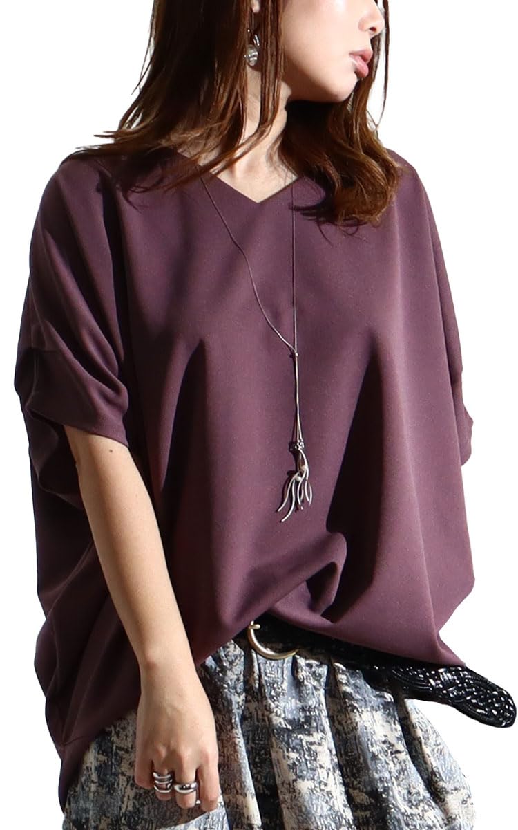 

Топы больших размеров кроеные и шитые, прохладные на ощупь, защита от УФ-лучей, защипы на плечах, пуловер дольман 4L фиолетовый [Gold Japan] Женские футболки и mncut-122106 фиолетовый