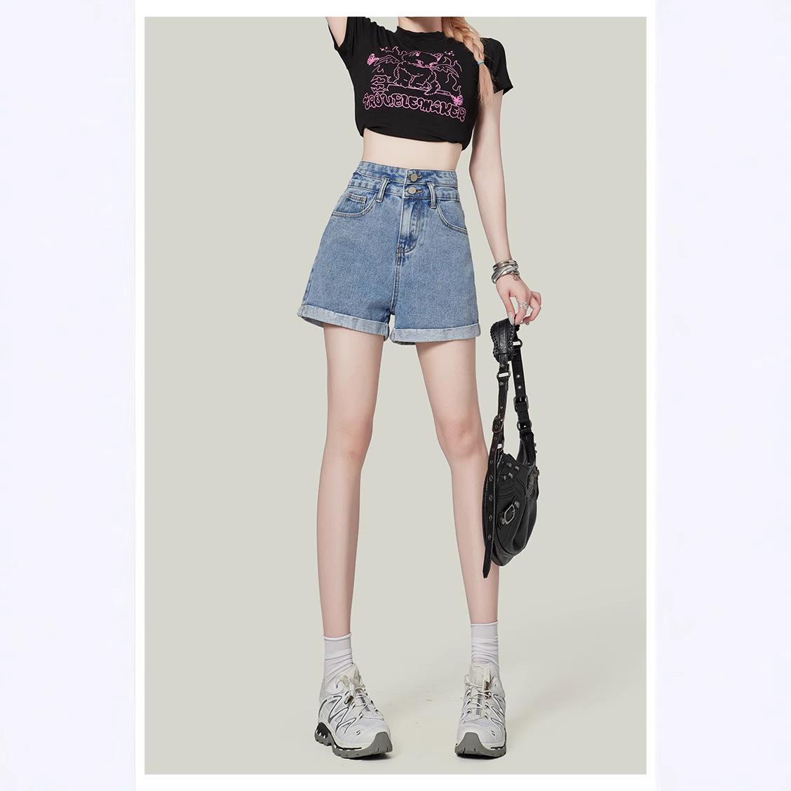 

2025 Women s High Waist Denim A-Line Hot Pants: Slimming Loose Fit, Super Short, Wide Leg Summer Shorts S синій
