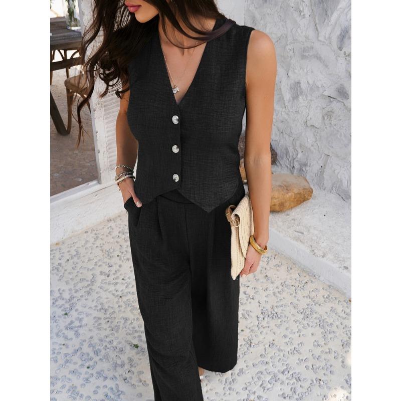 Casual Vacation Solid Color Vest Wide-leg Trousers Set