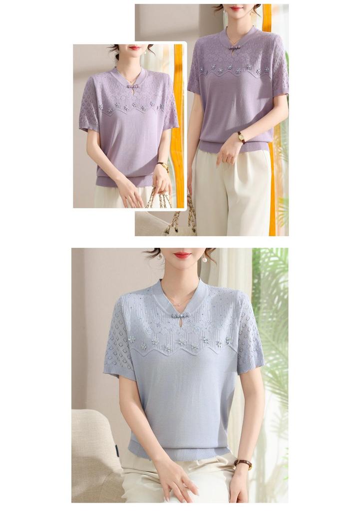 Chic Knitted Short Sleeve Summer Top for Women - Age-Defying Fashion for Middle-Aged and Elderly