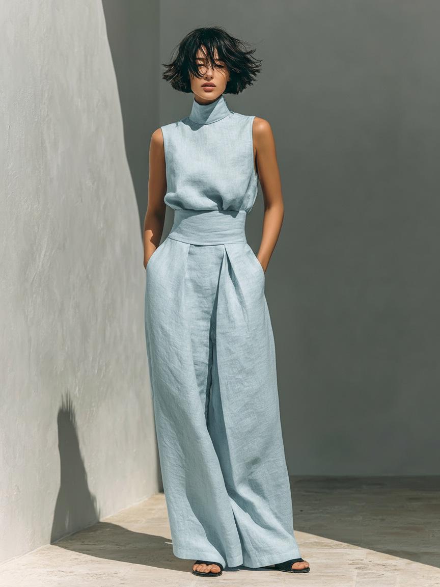 

2026 Spring European Collection: Women s Sleeveless Cotton-Linen Blend Top & Wide-Leg Pants Set in Solid Colors Triple Extra Large
