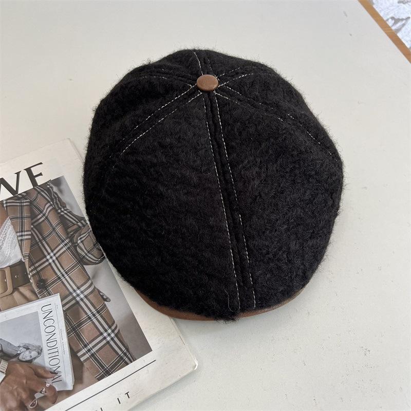 

Осень и зима новая нишевая волнистая шерстяная передовая шляпа женская кожаный козырек показывает маленькое лицо теплая утиный язык M（56-58cm） чёрный