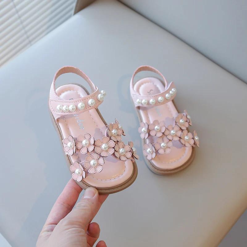Little Girls Summer Shoes with Beads Princess Sweet Kids Floral Sandals Open Toes Anti-skid Size 21-30 Hook & Loop Bohemian Cute
