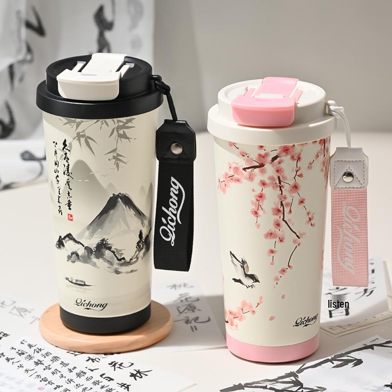 Guochao Double-Walled Coffee Cup with 316 Stainless Steel Liner, Ceramic Thermos, Portable Business Gift.
