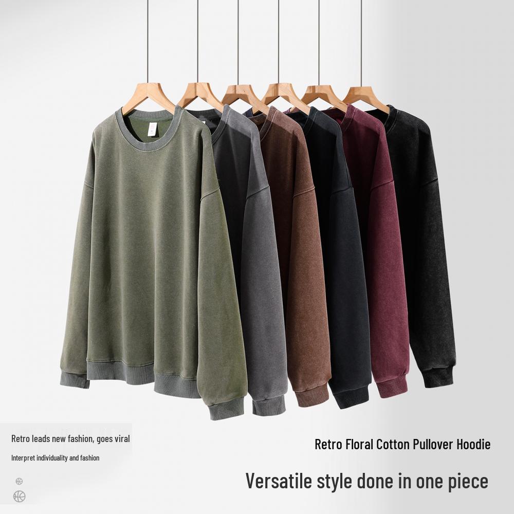 Women's 2026 Vintage Style Heavyweight Washed Hoodie - Loose Fit, Drop Shoulder, Round Neck, Long Sleeve, Solid Color.