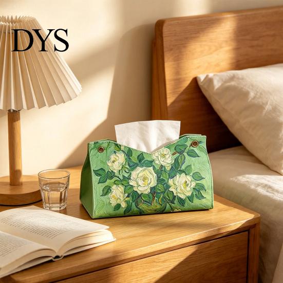 Modern Home Decor Leather Tissue Box Cover, Foldable Desktop Organizer, Oil Painting Style Napkin Holder Case, Storage Facial Paper Organizer