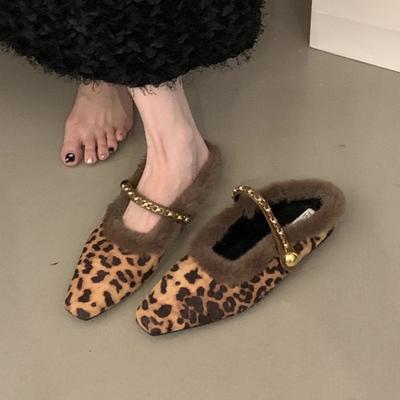 Thick Heel French Small Fragrant Wind Fluffy Slippers Women's Shoes 2025 New Autumn and Winter Bag Head Half Slippers Velvet Cotton Shoes