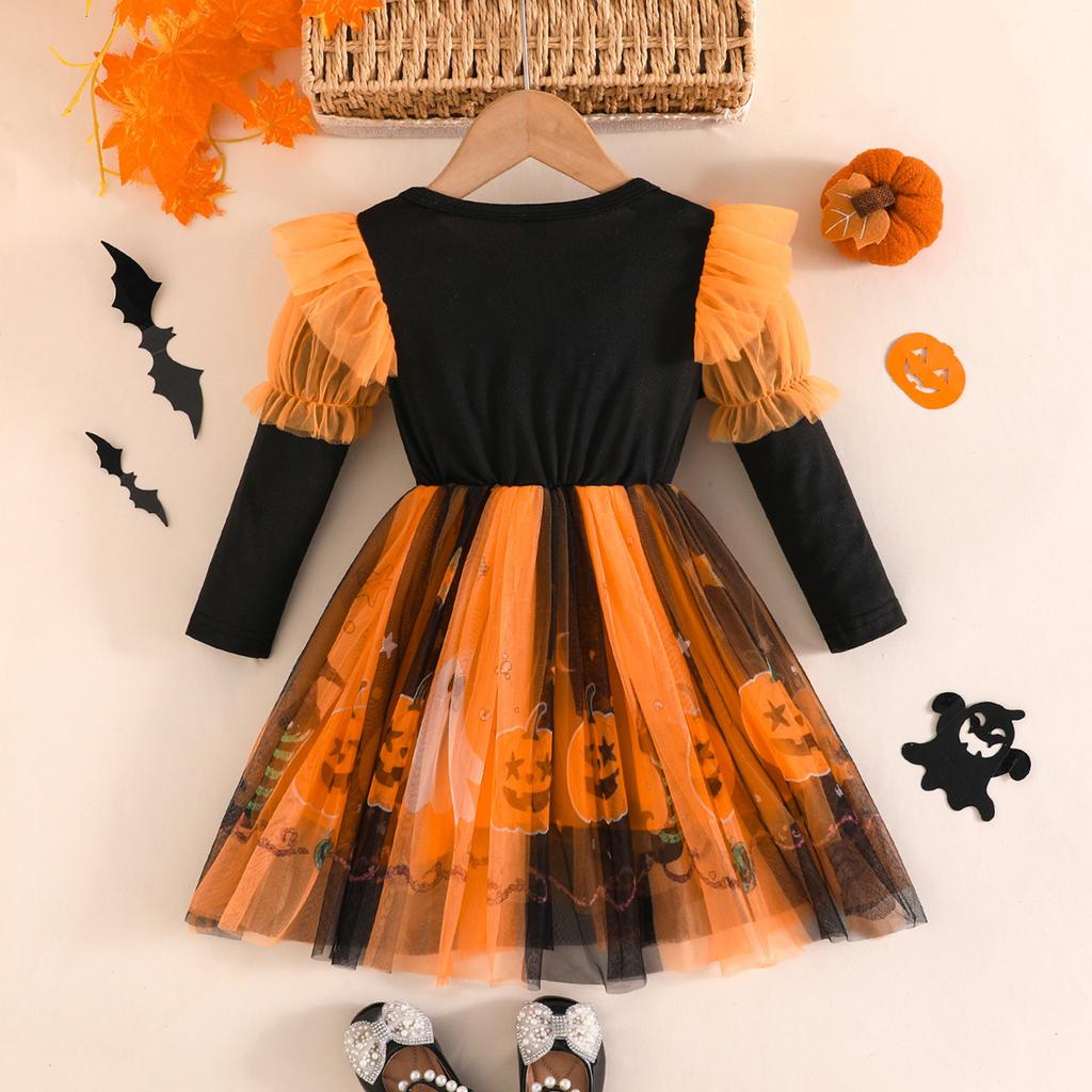 Toddler Girls Long Sleeve Halloween Dress with Pumpkin Print Puffy for Party